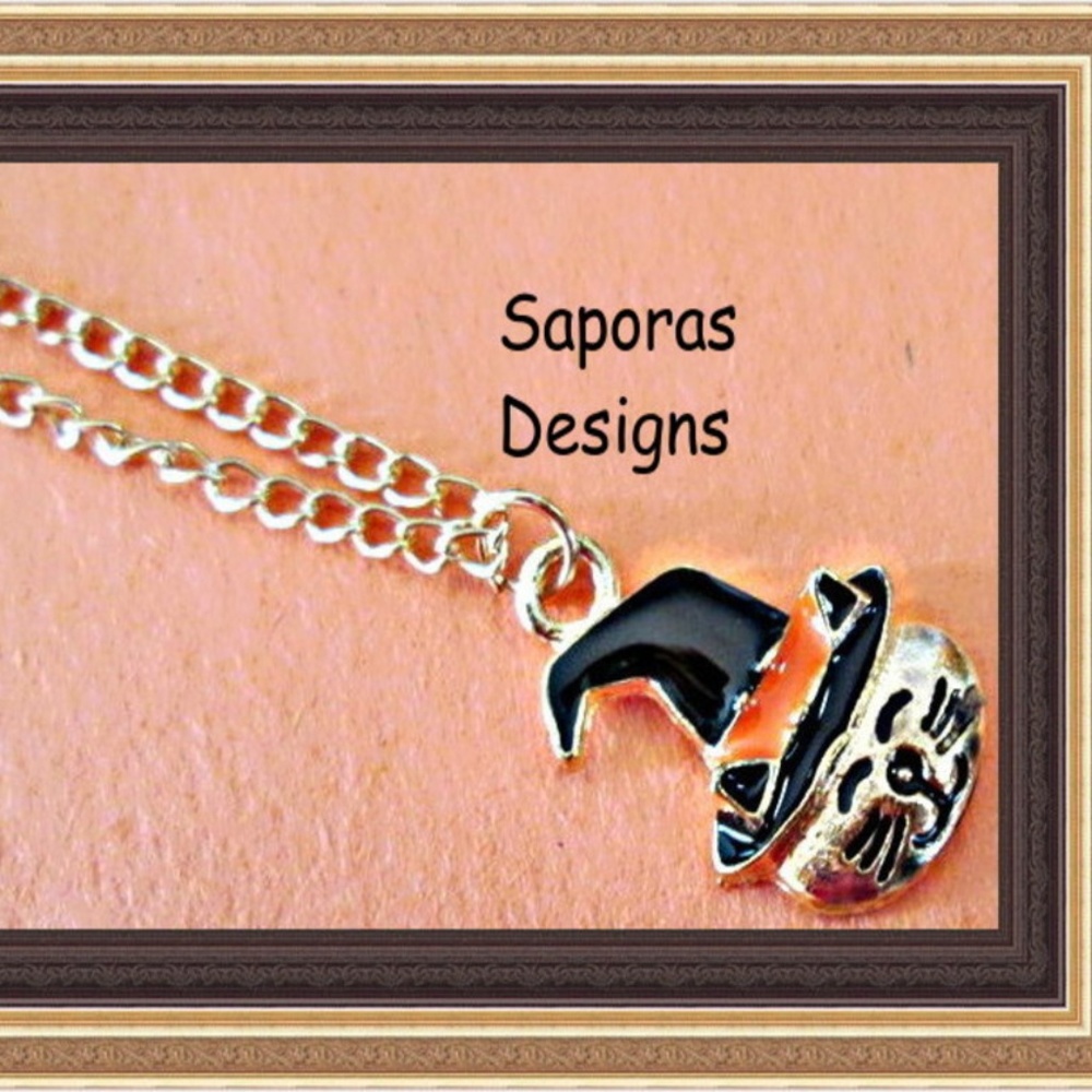 Cat With Witch Hat Gold Tone Necklace